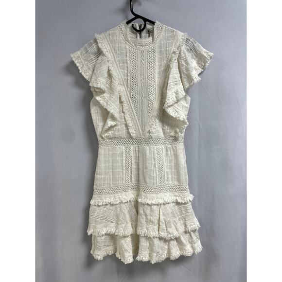 ALICE AND OLIVIA NEW Bea Lace Insert Ruffle Fringe Dress In Off White Women's 6
